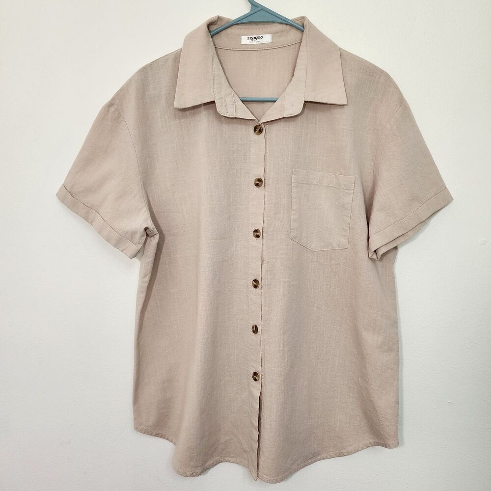 Beige Short Sleeve Blouse Woman's Size L Button Up 100% Cotton Casual Wear NWOT